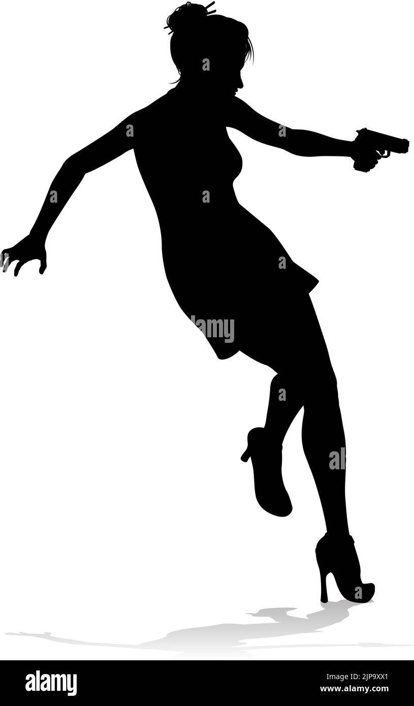 An action hero female movie star woman in silhouette. In a hitman, spy or secret agent detective type role holding a hand gun. Stock Vector