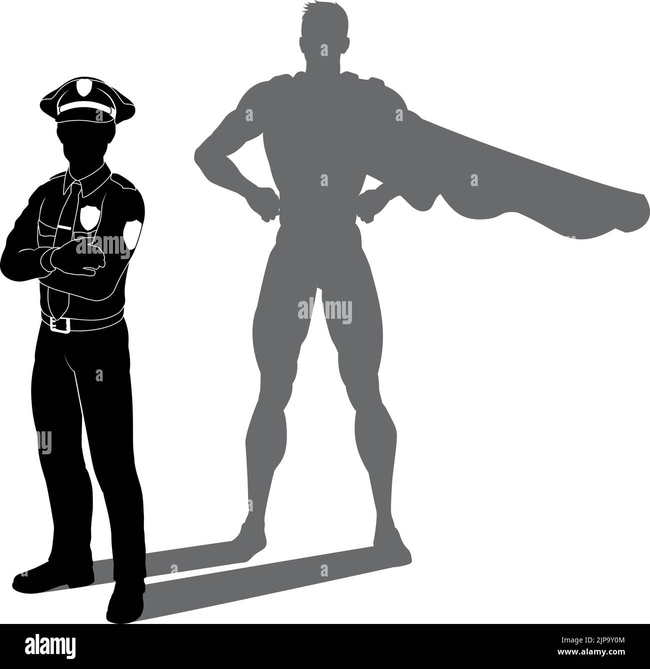 A superhero police officer man policeman revealed by his shadow silhouette as a super hero in a cape Stock Vector