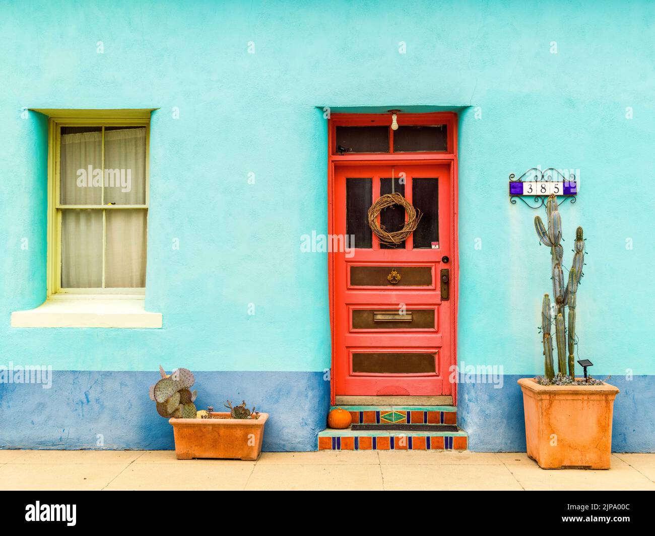 Colorful walls and Windows Adobe Stryle,Old Town,Artist District, Adobe Walls Tucson,Arizona, United States,USA Stock Photo