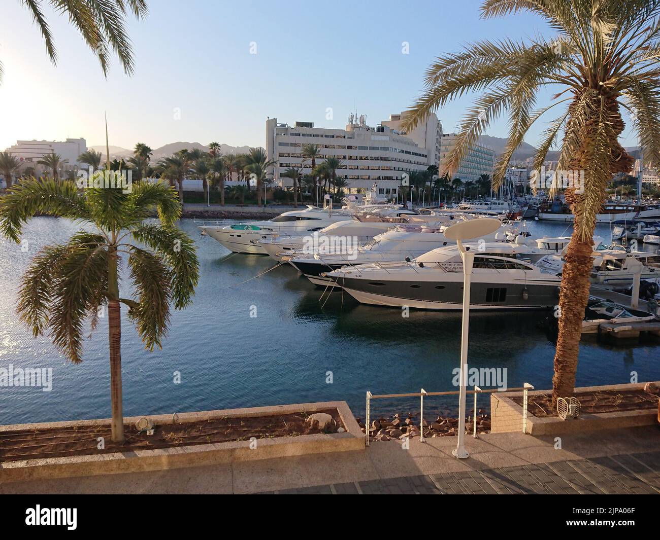 Boats parked in the marina of the city of Eilat, Israel Stock Photo