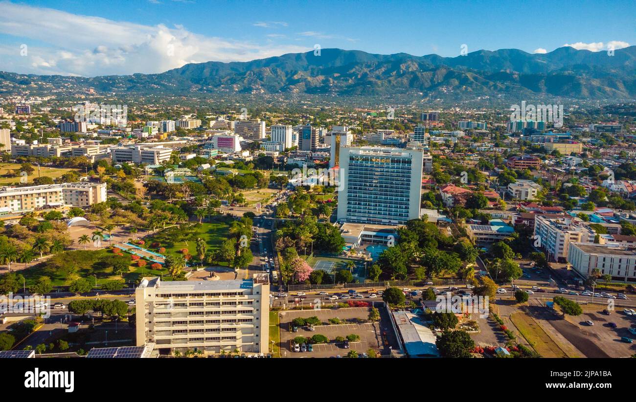 A sunny view of the city of New Kingston on a sunny day in Jamaica