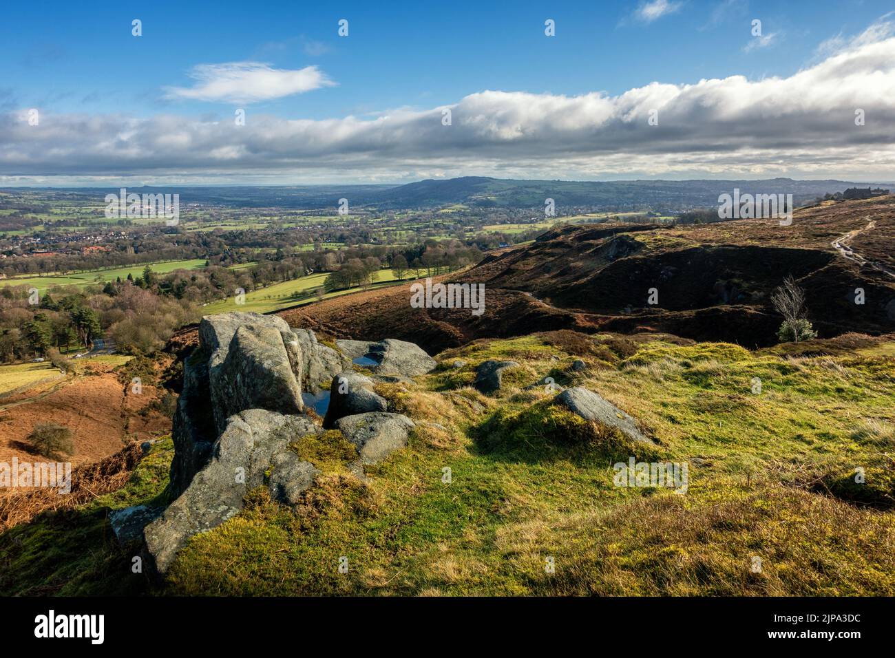 Stunning view from Burley Moor to The Chevin across the Wharfedale valley on a beautiful winter's morning, West Yorkshire, England, UK Stock Photo