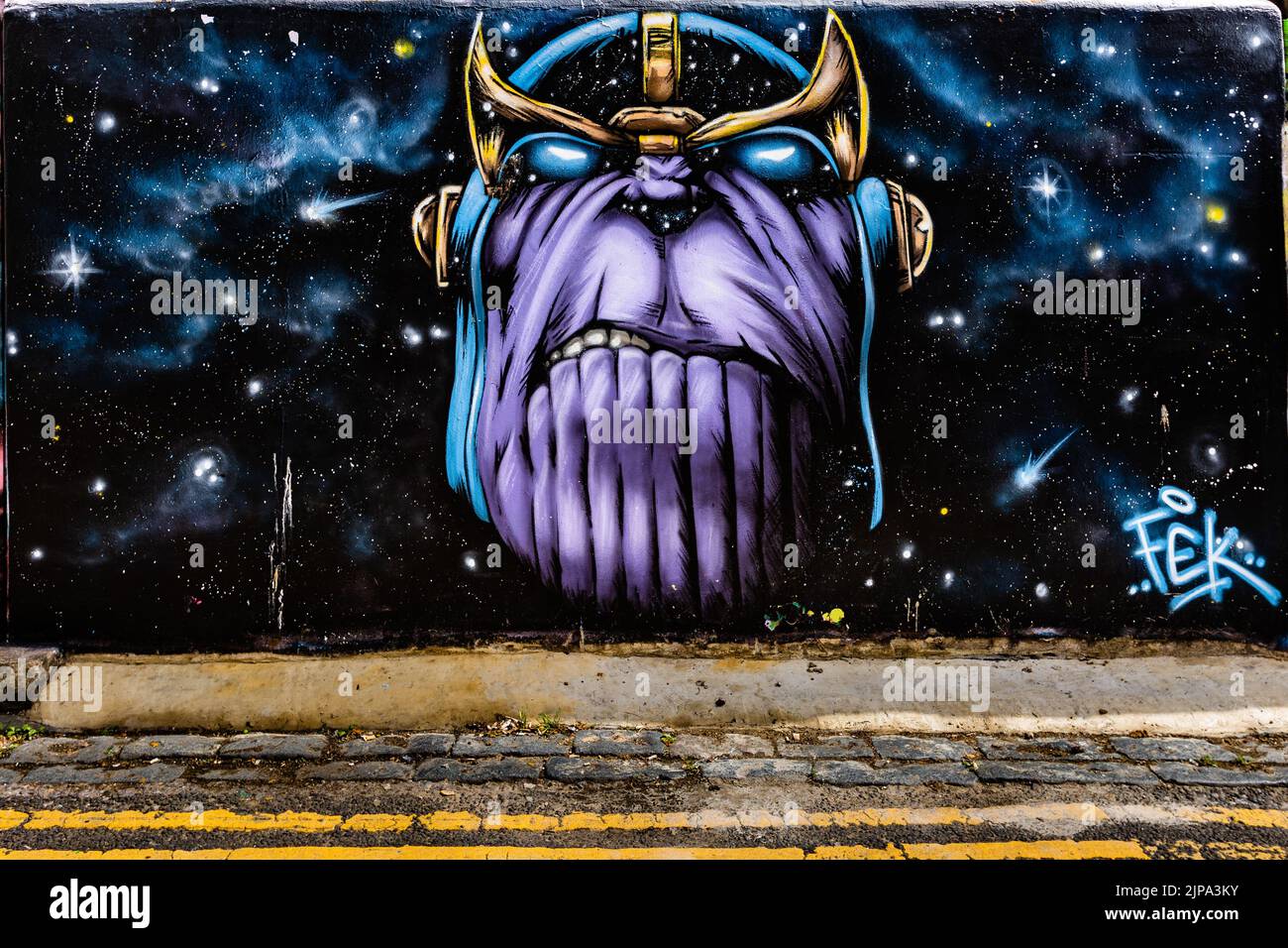 The Thanos comic book character graffiti in Trafalgar Lane Stock Photo