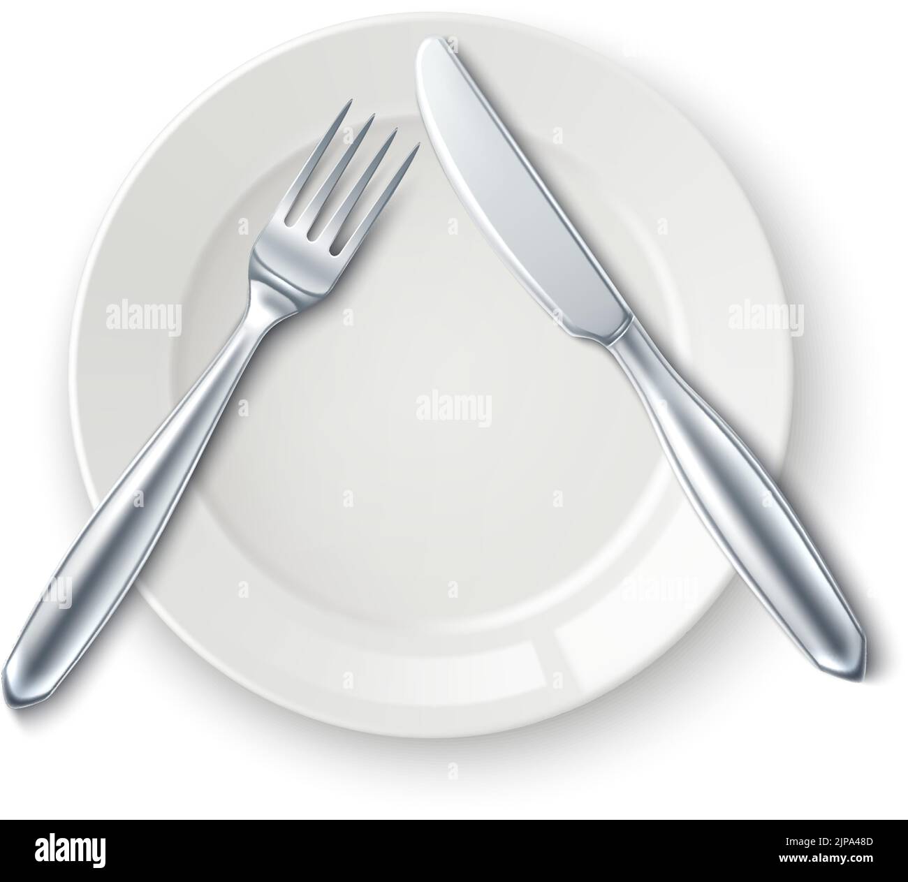 Dining etiquette pause signal. White plate with fork and knife Stock