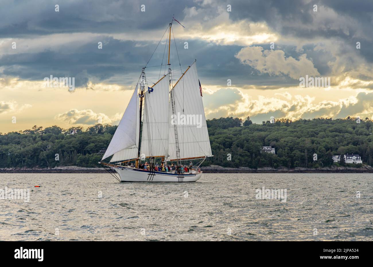 Schooner Appledore II under sail in Camden Harbor Stock Photo