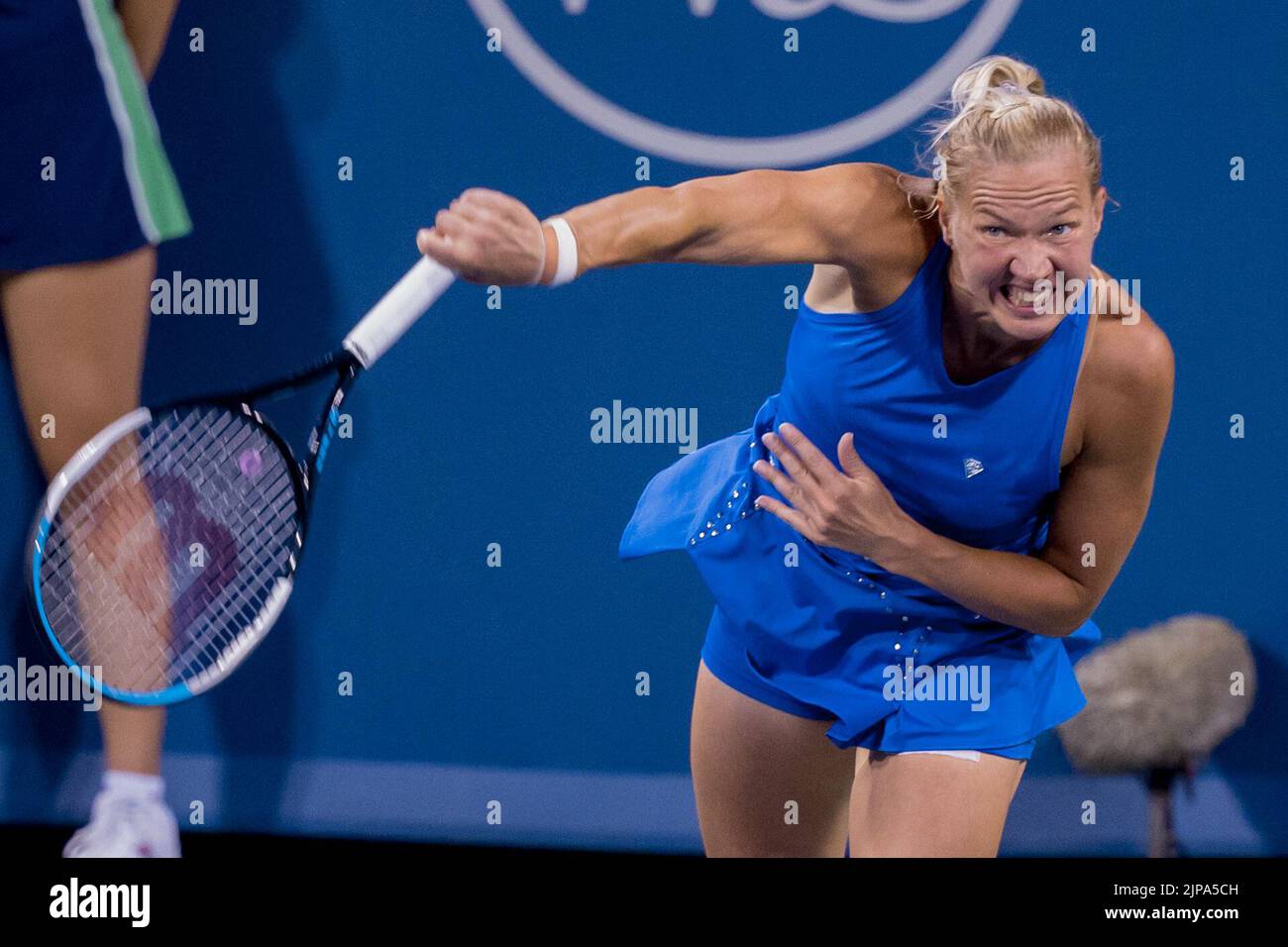 Mason, Ohio, USA. 15th Aug, 2022. Kaia Kanepi (EST) serves during Monday's first round of the Western and Southern Open at the Lindner Family Tennis Center, Mason, Oh. (Credit Image: © Scott Stuart/ZUMA Press Wire) Stock Photo