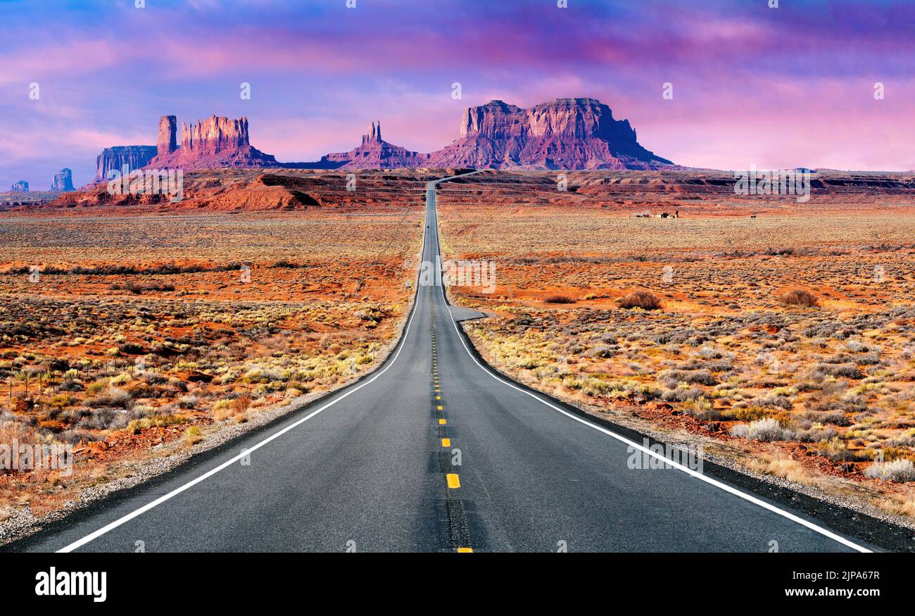 Road leading to Monument Valley, (Mexican Hat)  Forrest Gump Point,US Highway 163,Utah Border Navajo Tribal Park, Arizona,United States,USA Stock Photo