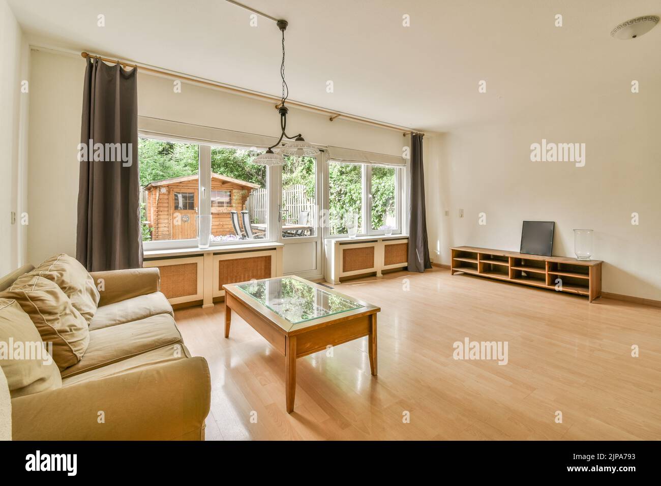 Interior design of modern minimalist style living room with large