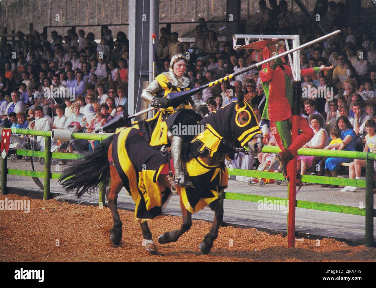 1980's postcard of The Camelot theme park showing the jousting show. Charnock Richard, Chorley, Lancashire, England. UK Stock Photo