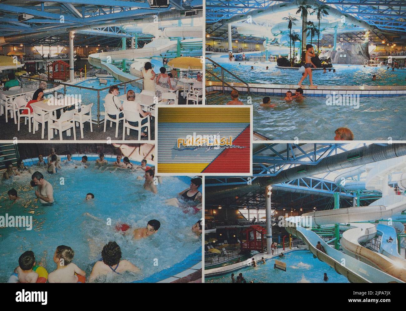 1980's postcard of Funcoast World showing Funsplash, the new indoor swimming pool complex. Butlins Skegness. Stock Photo