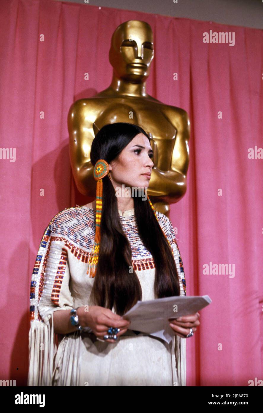 Aug 16, 2022: The Academy has apologized to SACHEEN LITTLEFEATHER, a Native American activist and actress booed off stage at the Oscars nearly 50 years ago. She appeared on live TV in 1973 to refuse an Oscar on behalf of Marlon Brando, who had won the best actor prize for The Godfather. Brando rejected the award because of misrepresentation of Native Americans by the US film industry. FILE PHOTO SHOT ON: 1973, Los Angeles, USA: Sacheen Littlefeather gives speech during 1973 Academy Awards. (Credit Image: © Globe Photos/ZUMA Wire) Stock Photo