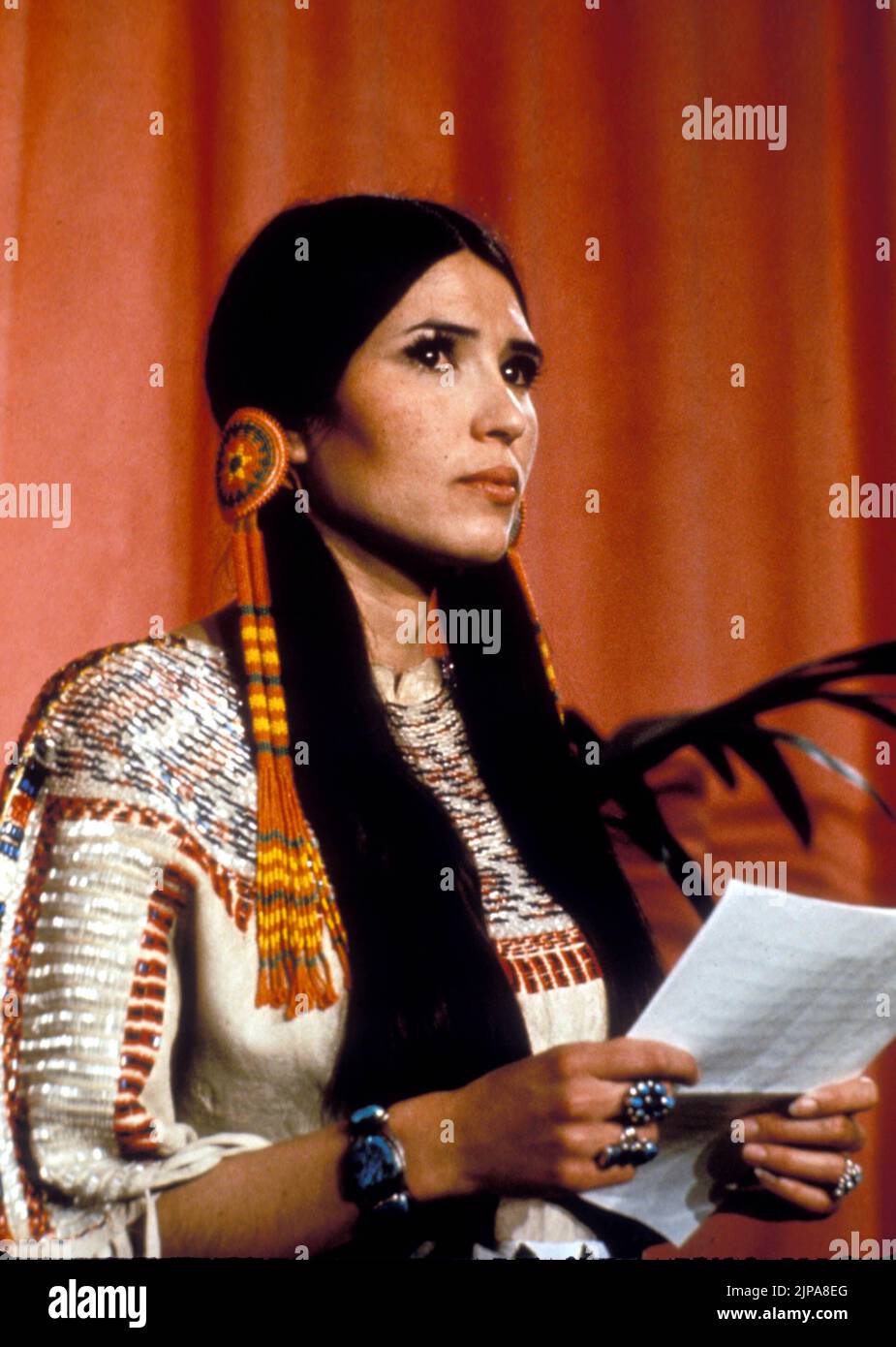 Aug 16, 2022: The Academy has apologized to SACHEEN LITTLEFEATHER, a Native American activist and actress booed off stage at the Oscars nearly 50 years ago. She appeared on live TV in 1973 to refuse an Oscar on behalf of Marlon Brando, who had won the best actor prize for The Godfather. Brando rejected the award because of misrepresentation of Native Americans by the US film industry. FILE PHOTO SHOT ON: 1973, Los Angeles, USA: Sacheen Littlefeather gives speech during 1973 Academy Awards. (Credit Image: © Globe Photos/ZUMA Wire) Stock Photo