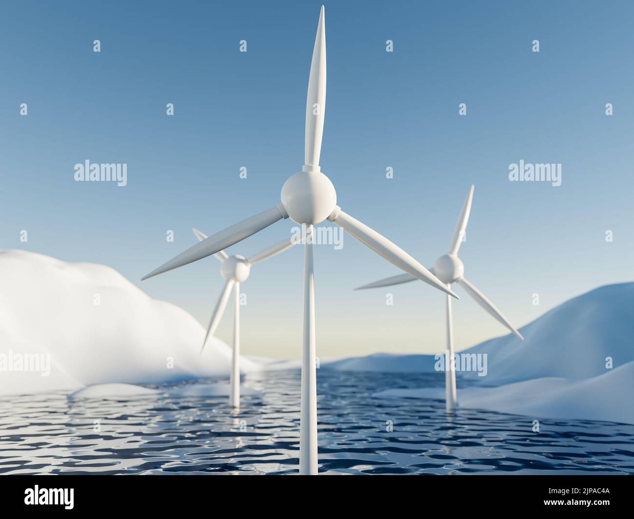 three wind turbines in water arctic landscape . 3d render of