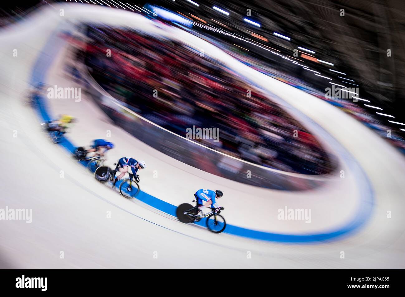 Matej Bohuslavek of Czech Republic, right, competes at men's Keirin quarterfinal during the European Cycling Championships in Munich, Germany, August Stock Photo
