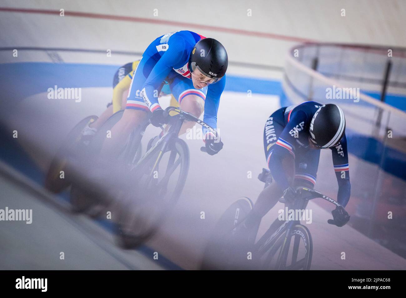 Veronika Jabornikova of Czech Republic, left, competes at women's Keirin during the European Cycling Championships in Munich, Germany, August 16, 2022 Stock Photo