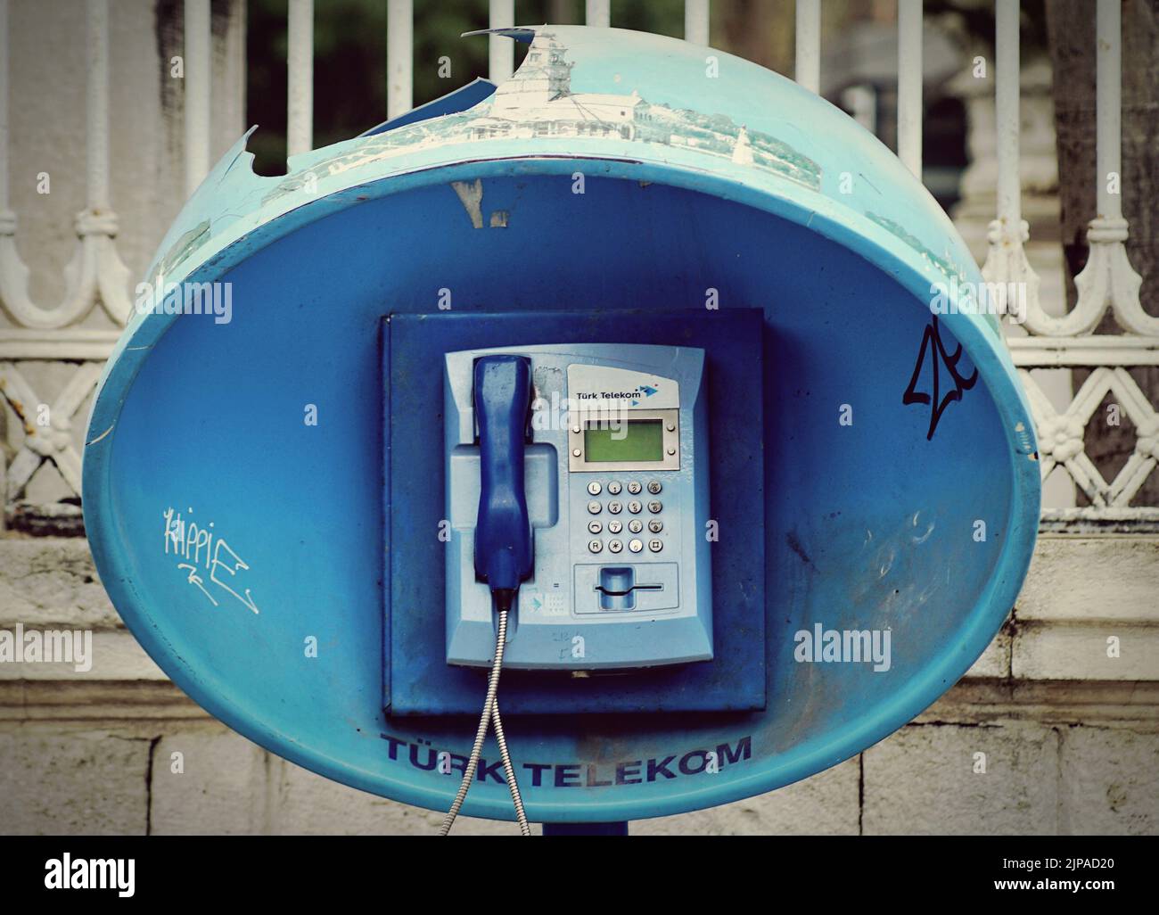 A view of a blue old phone box in Istanbul, Turkey Stock Photo