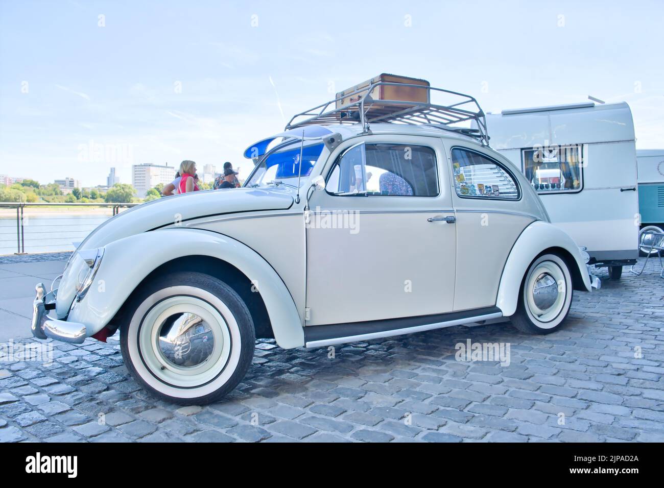 Volkswagen, VW Beetle with caravan from the sixties at the vintage car exhibition in Cologne, Germany, Stock Photo