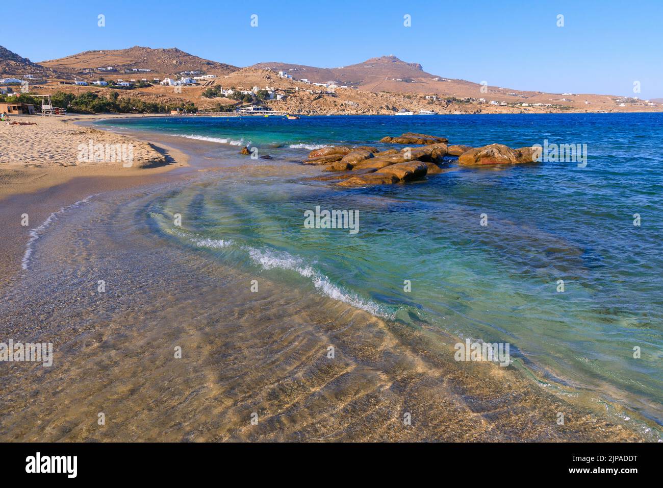 Greece summertime: Kalafati Beach is a beautiful Mykonos beach in the Cyclades islands. Stock Photo
