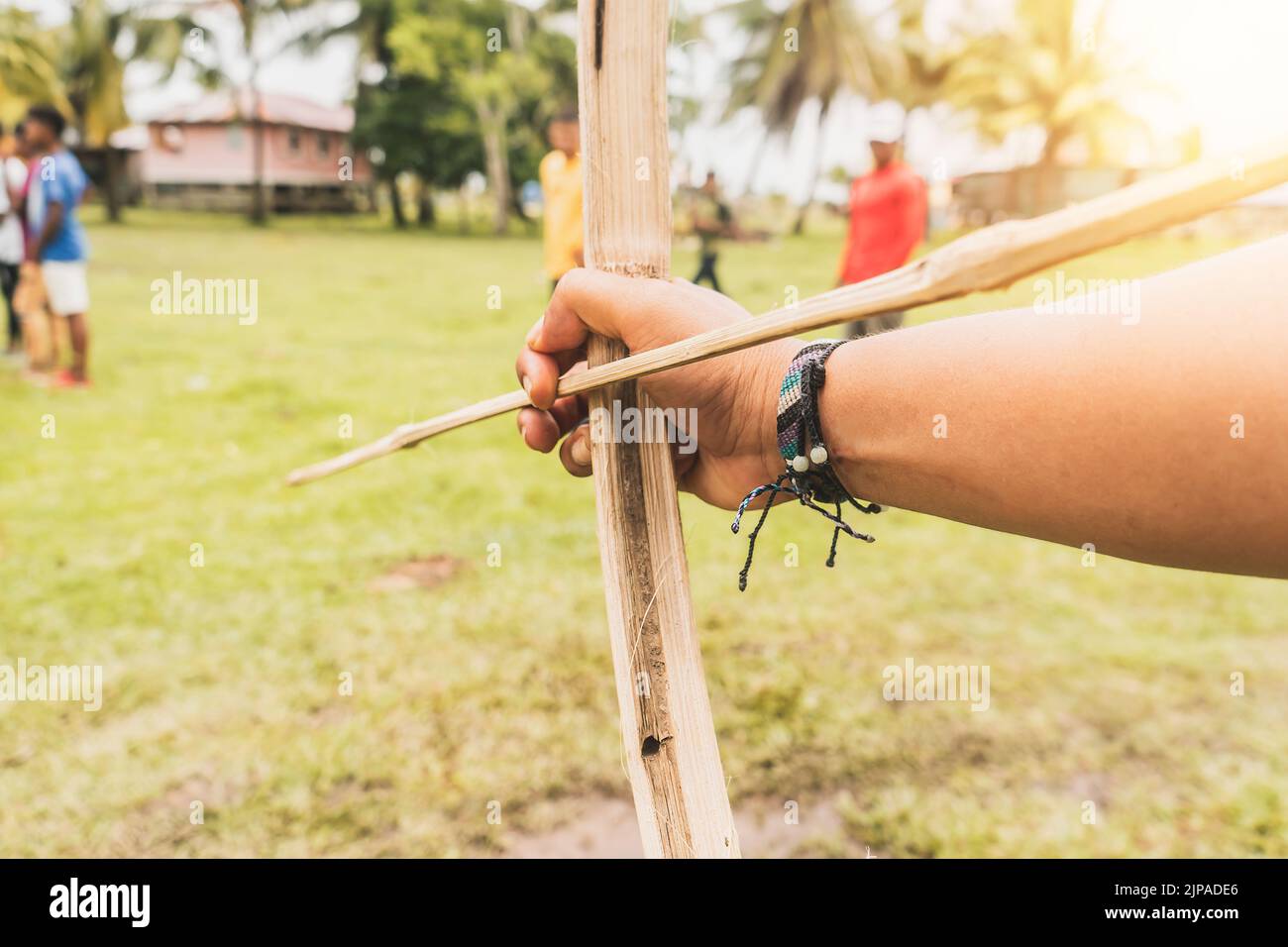 Wooden bow and arrow used by the Miskito and Mayagna indigenous communities of the Caribbean of Nicaragua Stock Photo