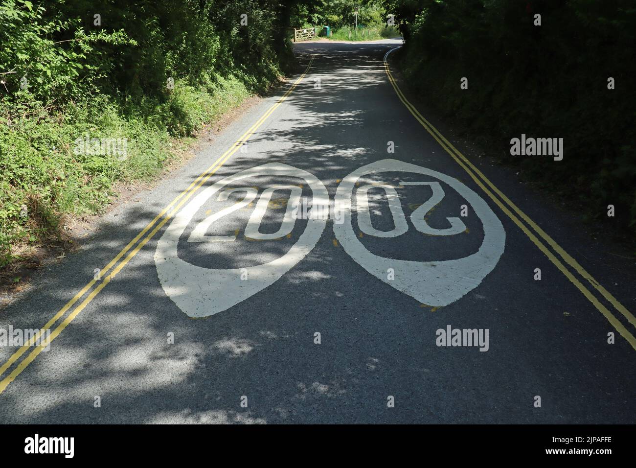 Two twenty miles per hour speed limit signs painted on the asphalt on a narrow country lane. Signs are painted both ways in order to be visible to tra Stock Photo