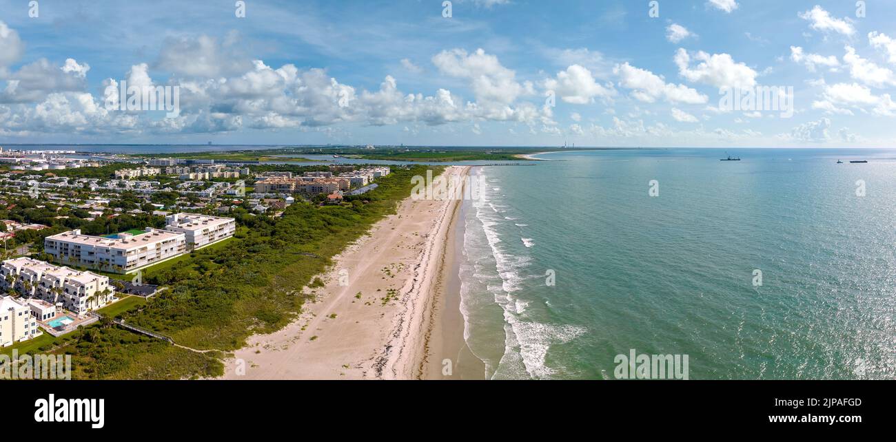 Aerial view of Cocoa Beach Cape Canaveral and the ocean. June 27