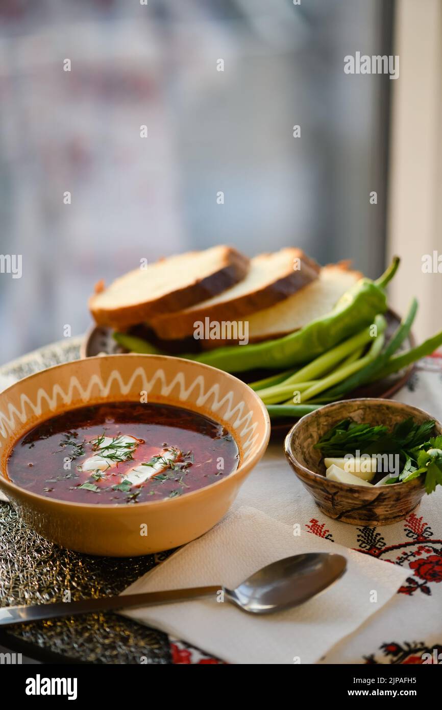 Traditional Ukrainian Borscht. Clay Bowl Of Red Beet Root Soup Borsch ...