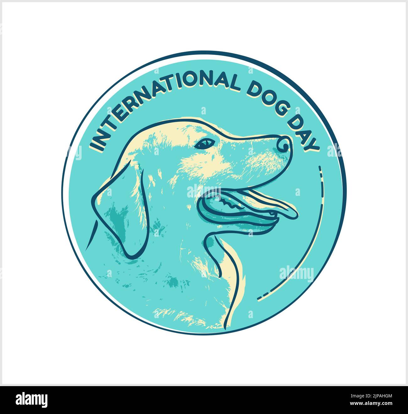 Cute International Dog Day logo or icon in blue and yellow. For print. web, video etc Stock