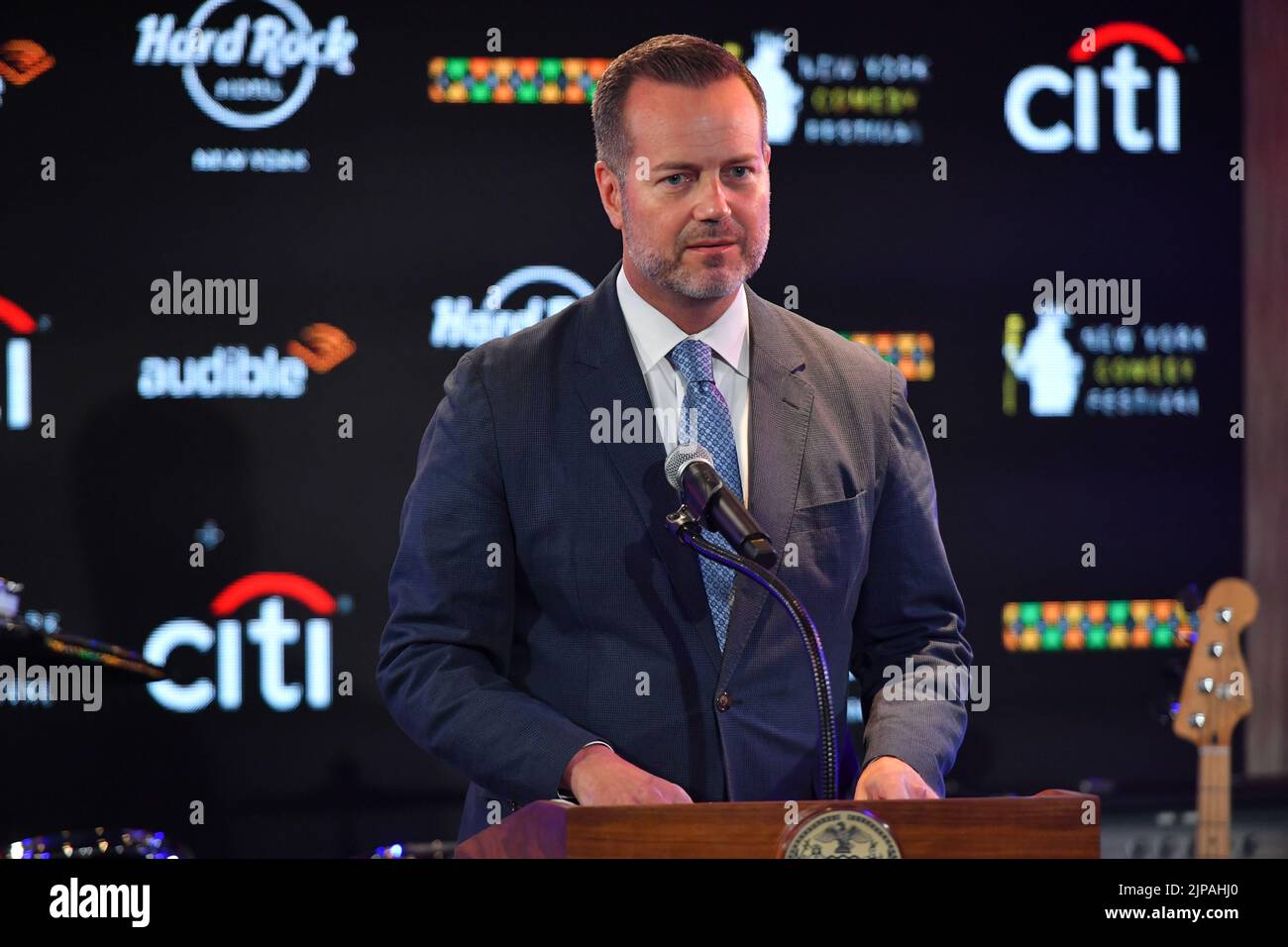 Fred Dixon, President and CEO of NYC & Company, announces the return of the 18th annual New York Comedy Festival at the Hard Rock Hotel on August 16, Stock Photo