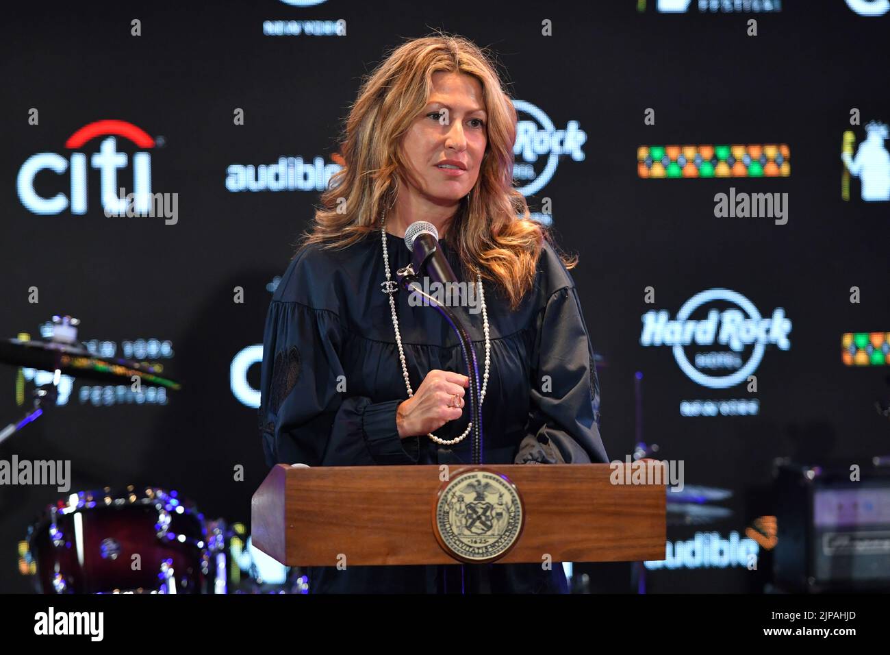 Karin Kopano, Managing Director of the Hard Rock Hotel, announces the return of the 18th annual New York Comedy Festival at the Hard Rock Hotel on Aug Stock Photo