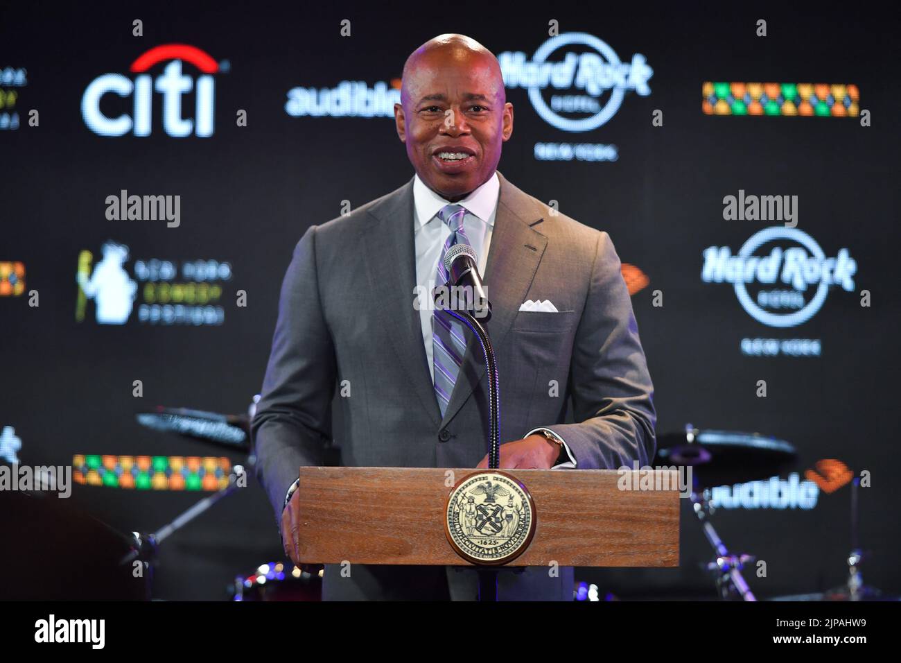 Mayor Eric Adams announces the return of the 18th annual New York Comedy Festival at the Hard Rock Hotel on August 16, 2022 in New York. Stock Photo