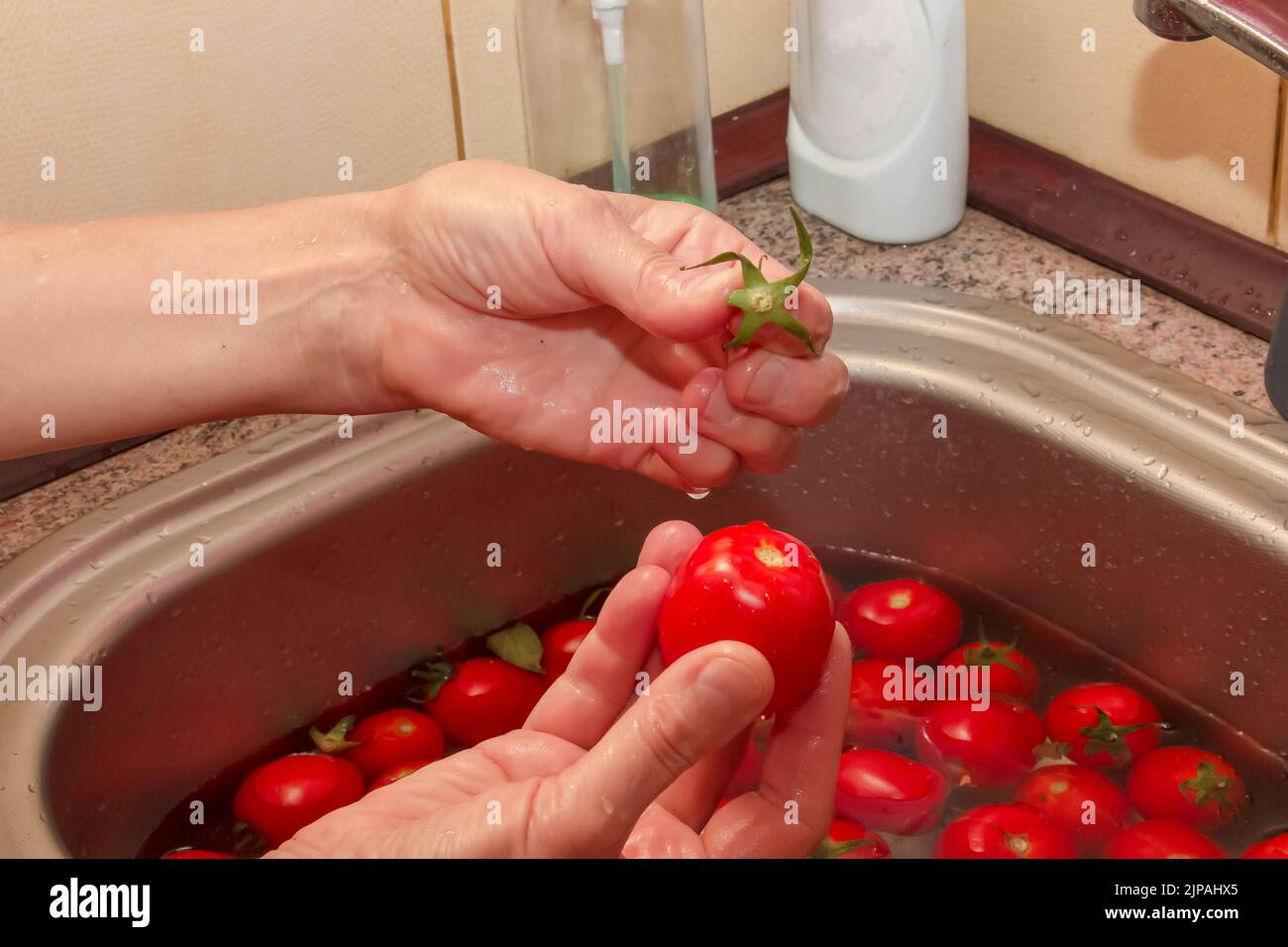 The woman's hands wash the tomatoes and remove the stalks from the
