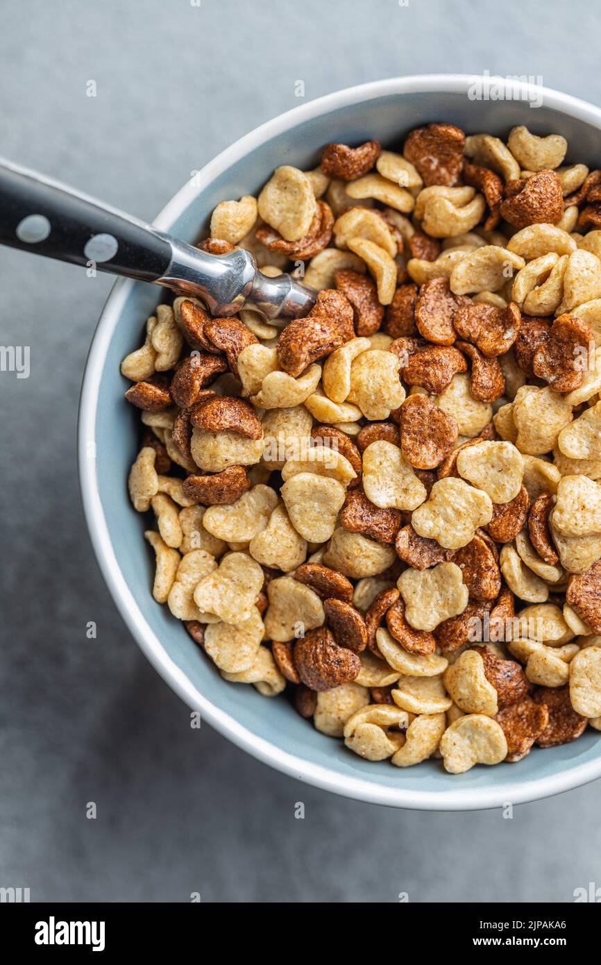 Breakfast cereal flakes in a bowl. Top view. Stock Photo