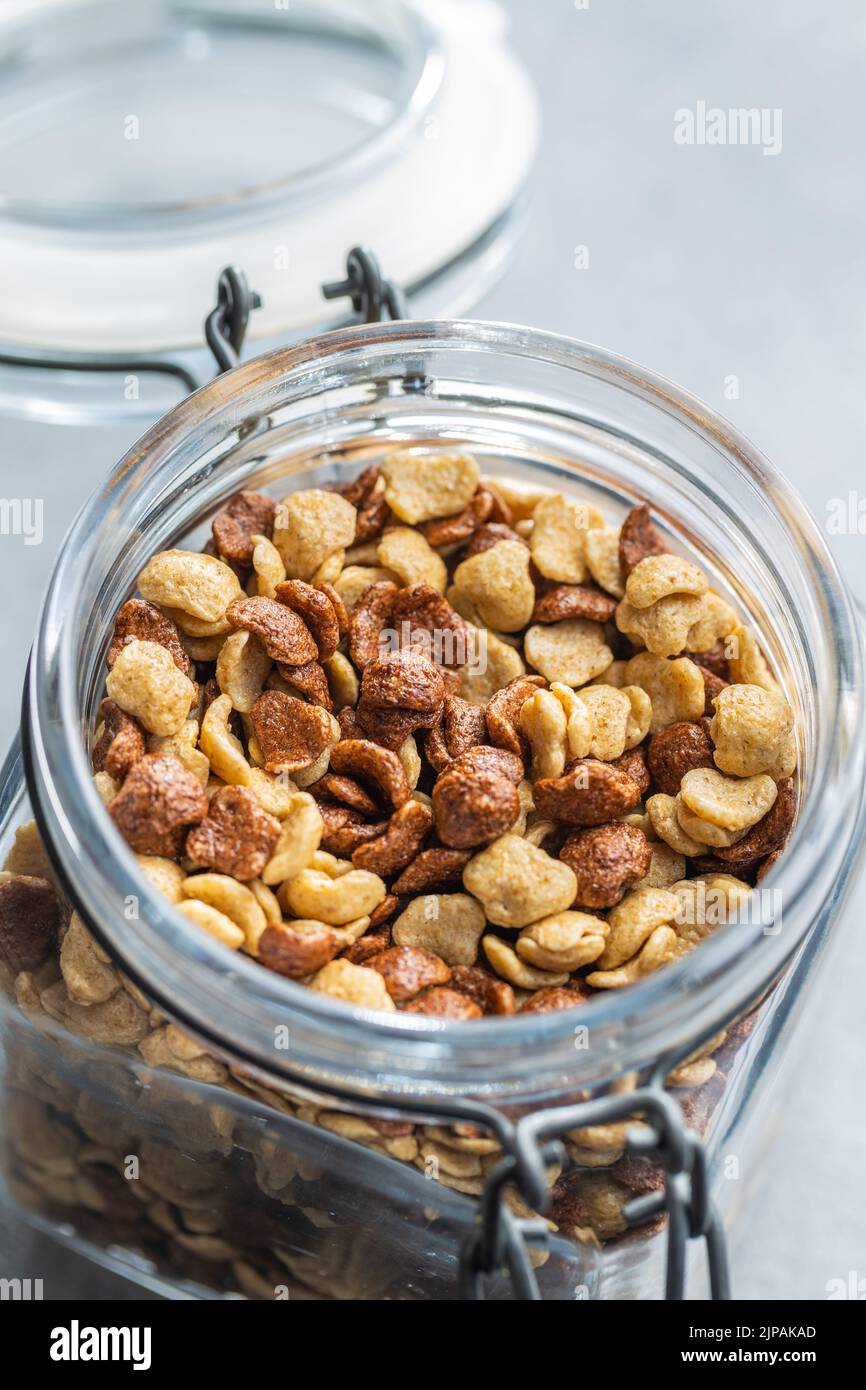 Breakfast cereal flakes in a jar. Stock Photo