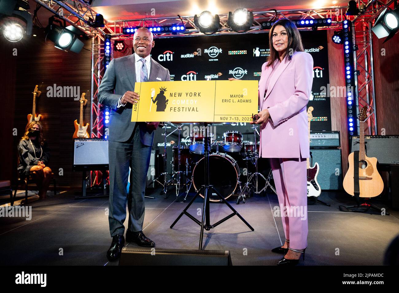 New York City, United States. 16th Aug, 2022. Caroline Hirsch, owner of Carolines on Broadway, presents New York City Mayor Eric Adams (D) with a ticket to the annual New York Comedy Festival. Credit: SOPA Images Limited/Alamy Live News Stock Photo