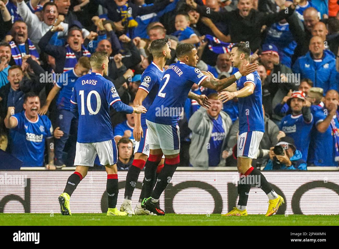 GLASGOW, SCOTLAND - AUGUST 16: Antonio Colak of Rangers celebrating scoring his sides first goal alongside his teammates during the UEFA Champions League Qualification - First Leg match between Rangers and PSV Eindhoven at Ibrox Stadium on August 16, 2022 in Glasgow, Scotland (Photo by Joris Verwijst/Orange Pictures) Stock Photo