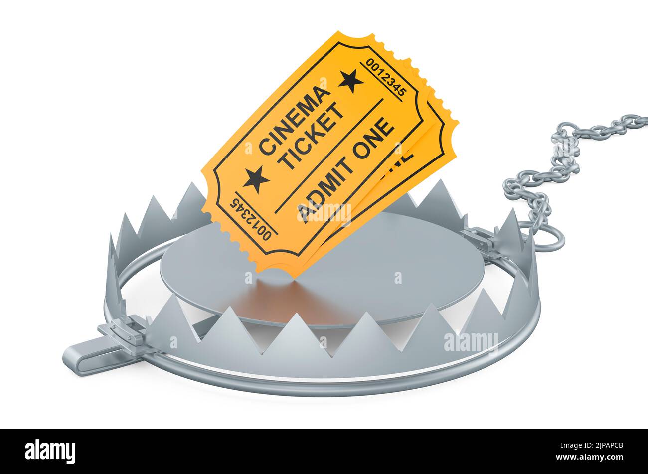 Cinema tickets inside bear trap, 3D rendering isolated on white ...