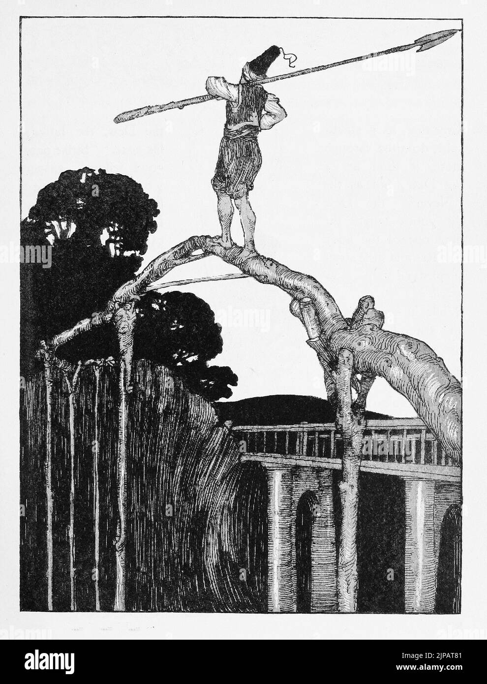 The Simpleton - He chose the wooden bridge. Illustration by Willy Pogany from 'Forty-four Turkish Fairy Tales' (1913) by Ignác Kúnos Stock Photo