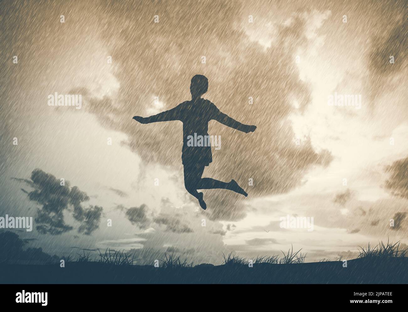 Freedom and Enjoyment concept - Happy lady jumping ,dancing with rain ...