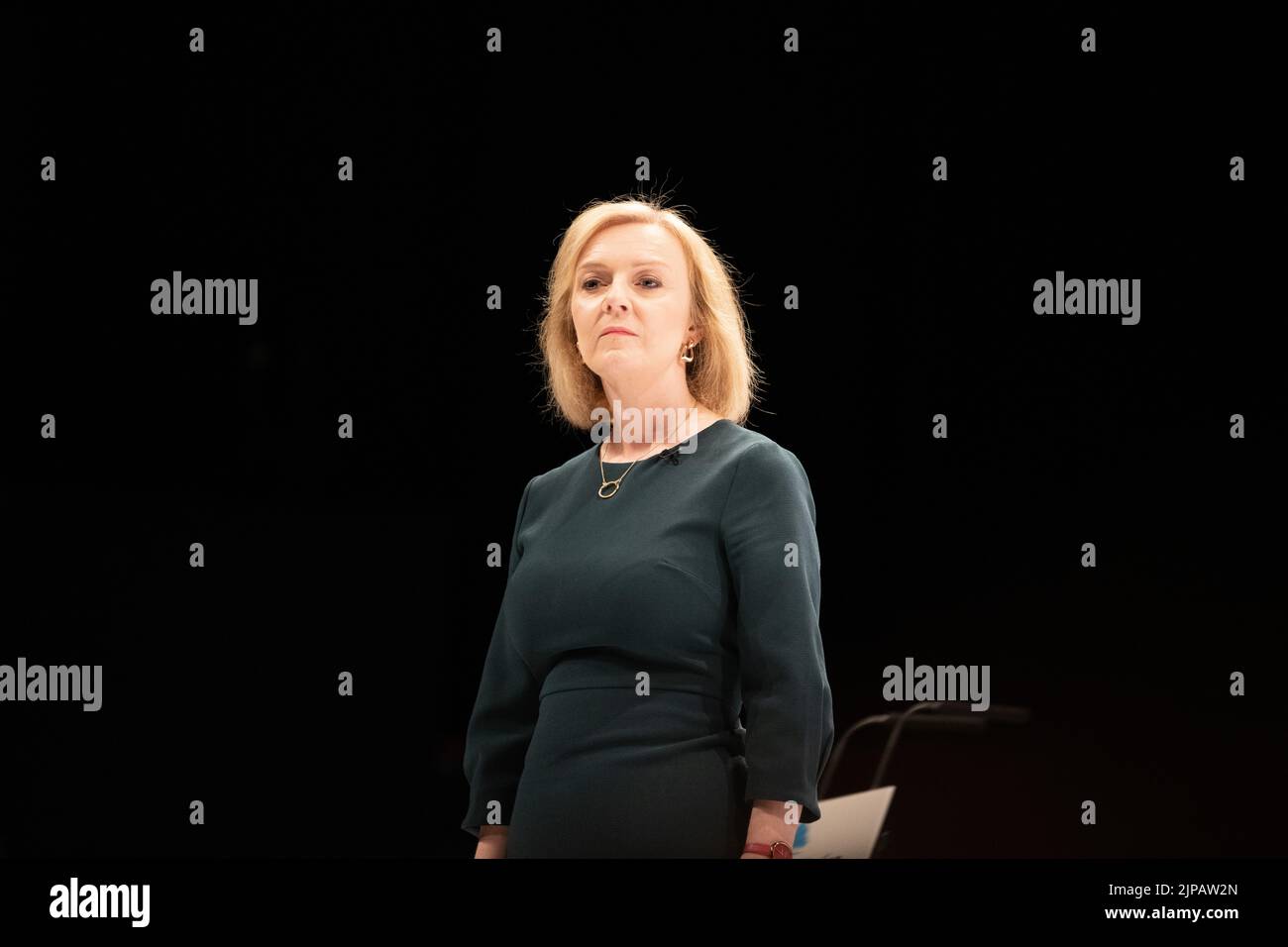 Perth Concert Hall, Perth, Scotland, UK. 16th Aug, 2022. Liz Truss, UK foreign secretary speaking during the seventh Conservative leadership election hustings at Perth Concert Hall, the only time the debate is being hosted in Scotland. The husting is being hosted by Colin Mackay Credit: Kay Roxby/Alamy Live News Stock Photo