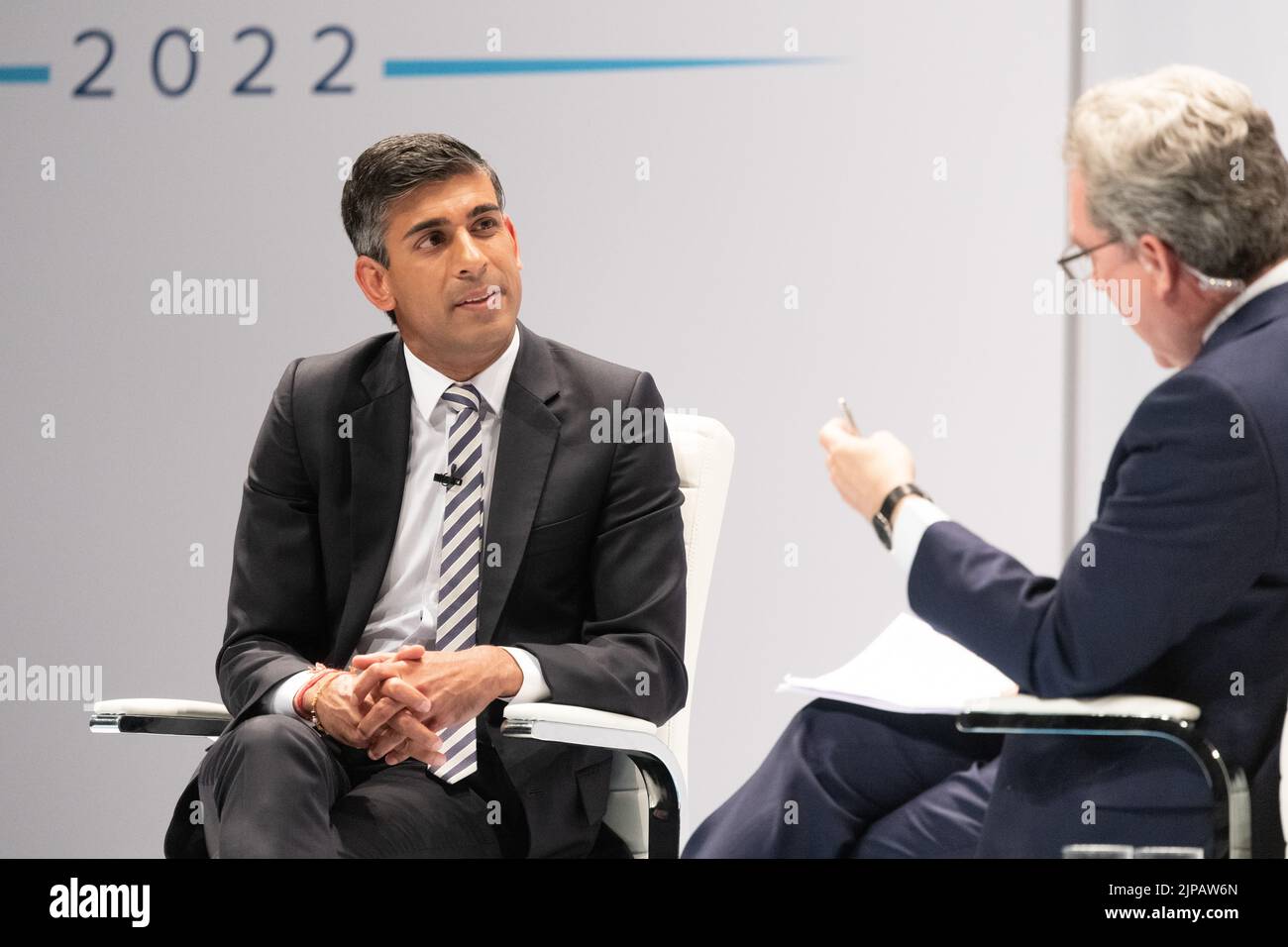 Perth Concert Hall, Perth, Scotland, UK. 16th Aug, 2022. Rishi Sunak, former UK Chancellor of the Exchequer speaking during the seventh Conservative leadership election hustings at Perth Concert Hall, the only time the debate is being hosted in Scotland. The husting is being hosted by Colin Mackay Credit: Kay Roxby/Alamy Live News Stock Photo