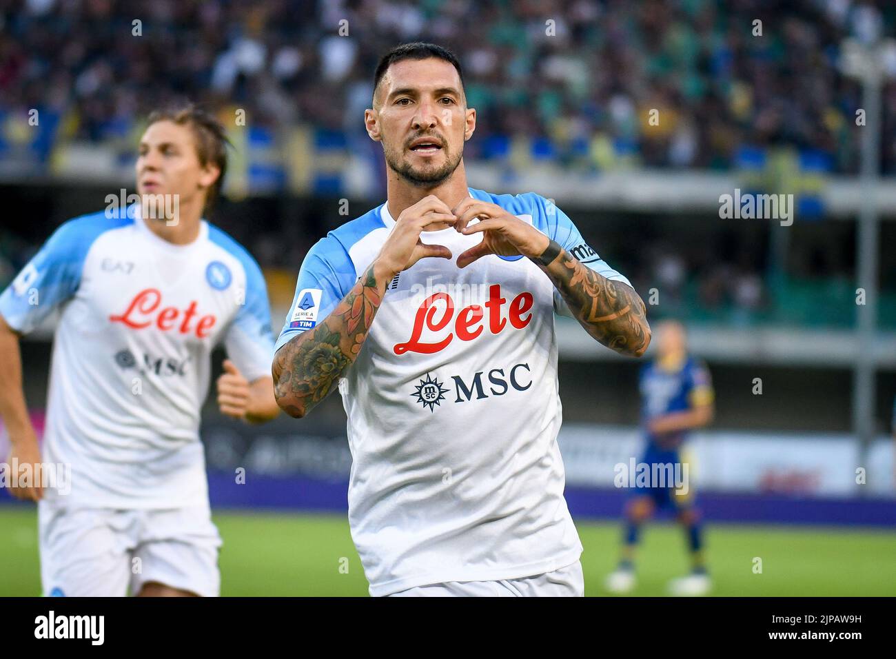 Marcantonio Bentegodi stadium, Verona, Italy, August 15, 2022, Napoli's Matteo Politano portrait celebrating  during  Hellas Verona FC vs SSC Napoli - Stock Photo