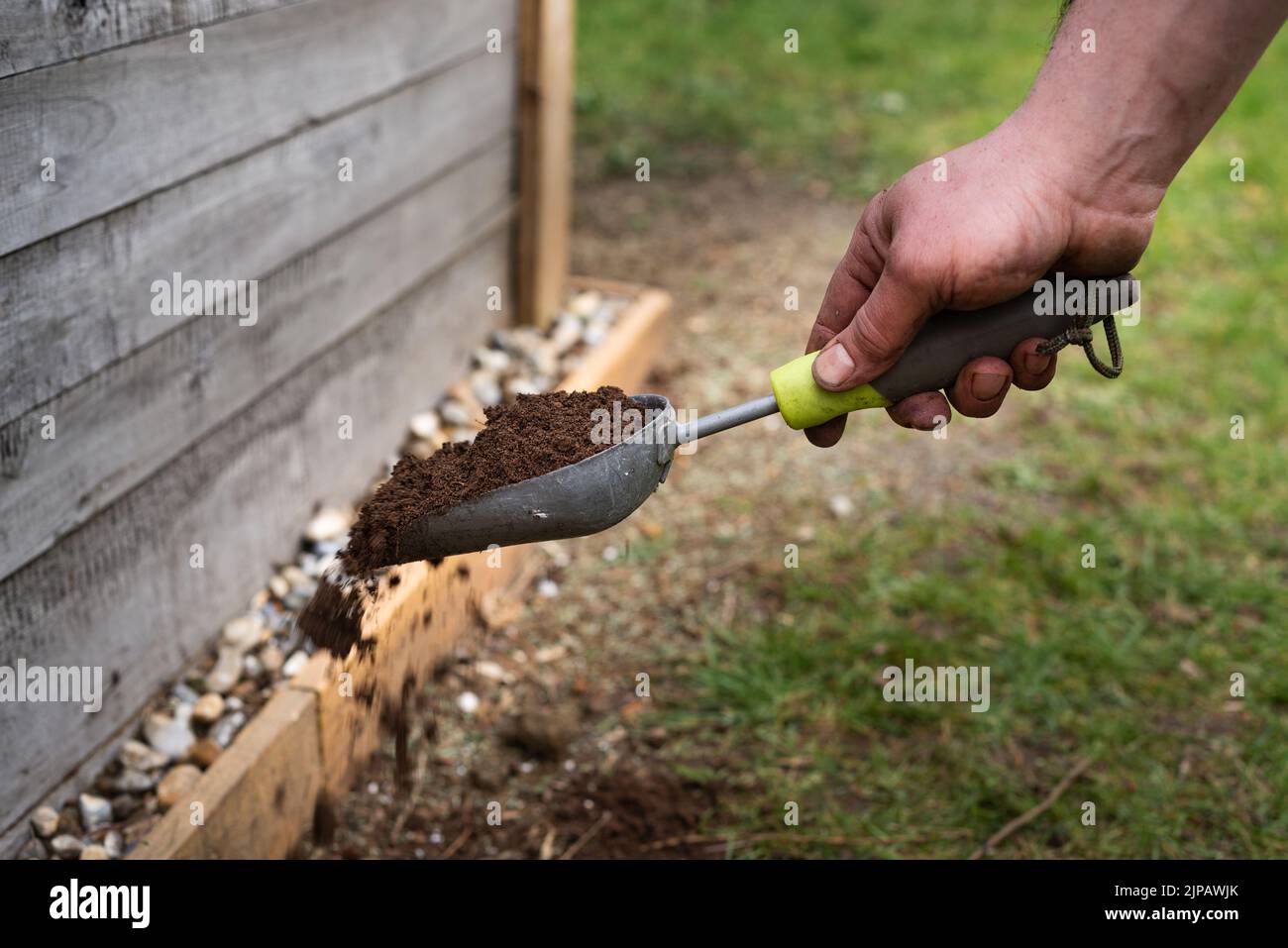 Male gardener holding scoop trowel full of soil, spreading soil out on grass patch on ground. Close up photo.  Stock Photo