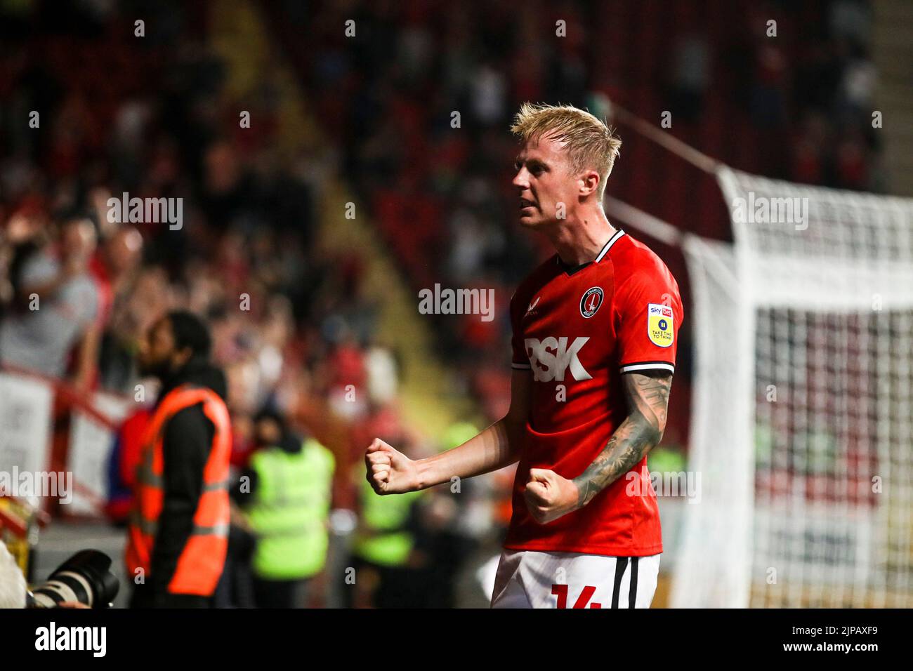 Charlie Kirk of Charlton Athletic celebrates his goal during the Sky Bet League 1 match between Charlton Athletic and Plymouth Argyle at The Valley, London on Tuesday 16th August 2022. (Credit: Tom West | MI News) Credit: MI News & Sport /Alamy Live News Stock Photo