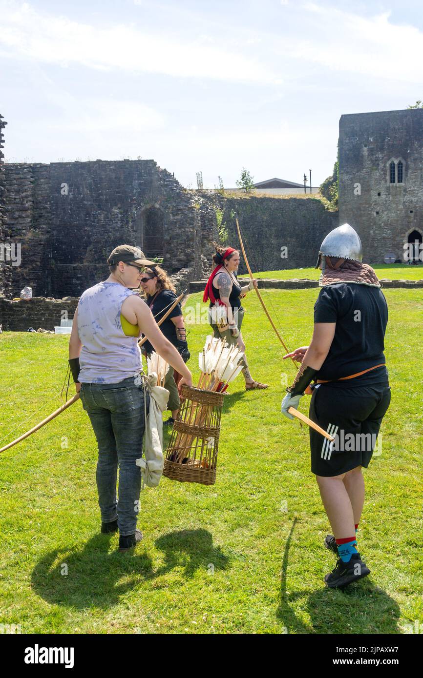 Archery display in Caerphilly Castle, Caerphilly (Caerffili), Caerphilly County Borough, Wales (Cymru), United Kingdom Stock Photo