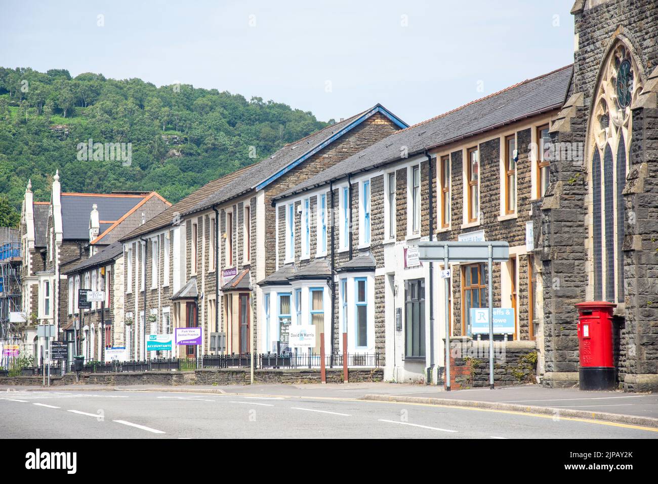 Terraced houses and offices, Gelliwastad Road, Pontypridd, Rhondda Cynon Taf, Wales (Cymru), United Kingdom Stock Photo