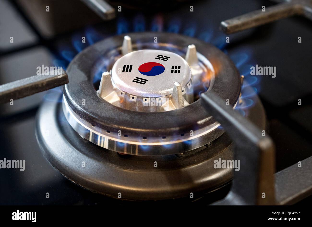 Gas import and export concept. A burning gas burner of a home stove, in