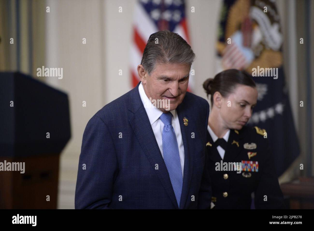 Washington, United States. 16th Aug, 2022. Sen. Joe Manchin, D-WV, arrives to the State Dining Room for a bill signing ceremony for the Inflation Reduction Act of 2022, a $737 billion act focused on slowing climate change, lowering health care costs and creating more clean energy jobs, at the White House in Washington, DC on Tuesday, August 16, 2022. Photo by Bonnie Cash/UPI Credit: UPI/Alamy Live News Stock Photo