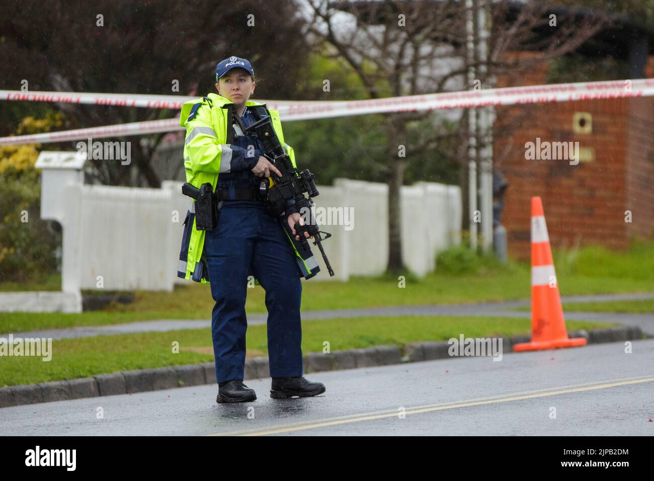 Auckland, New Zealand, 17 Aug, 2022. Armed police guard the scene in Ocean View Road, Hillcrest after a man died following reports of a fight. Credit: David Rowland/Alamy Live News Stock Photo