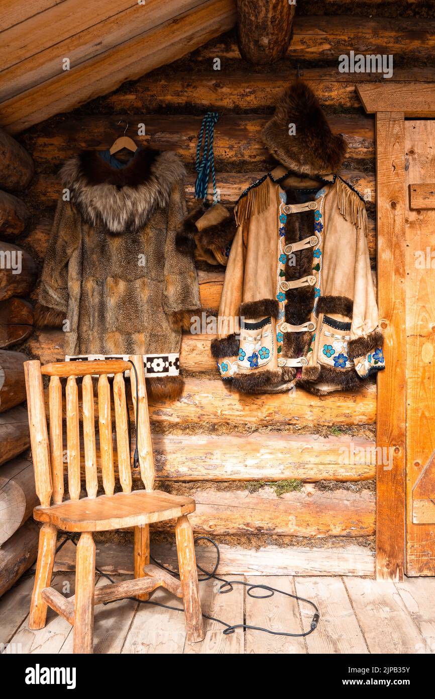 Guests on the Riverboat Discovery stop for a visit at Chena Indian Village in Fairbanks, Alaska Stock Photo