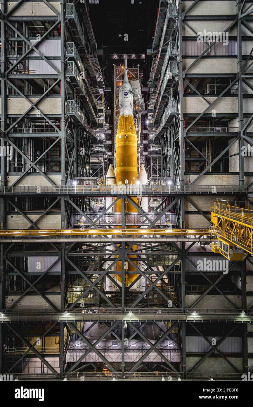 USA. 16th Aug, 2022. NASA's Space Launch System sits at the Vehicle